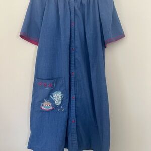 Rare vtg Retro 70s Vanity Fair blue house dress short sleeve snap -front (as Is)